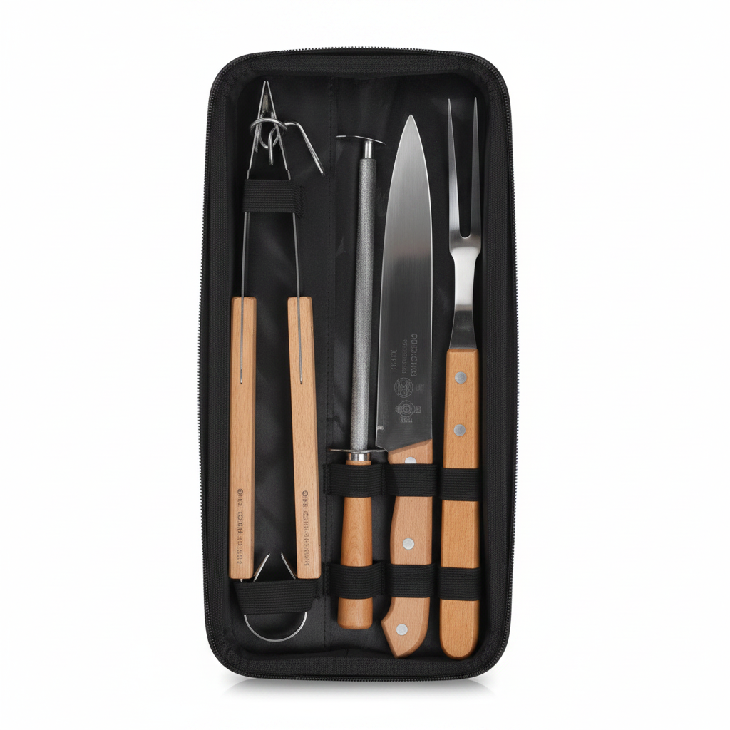 KIT P/ ASADO 4PZ AFILADOR Y CUCHILLO C/ ESTUCHE K48948