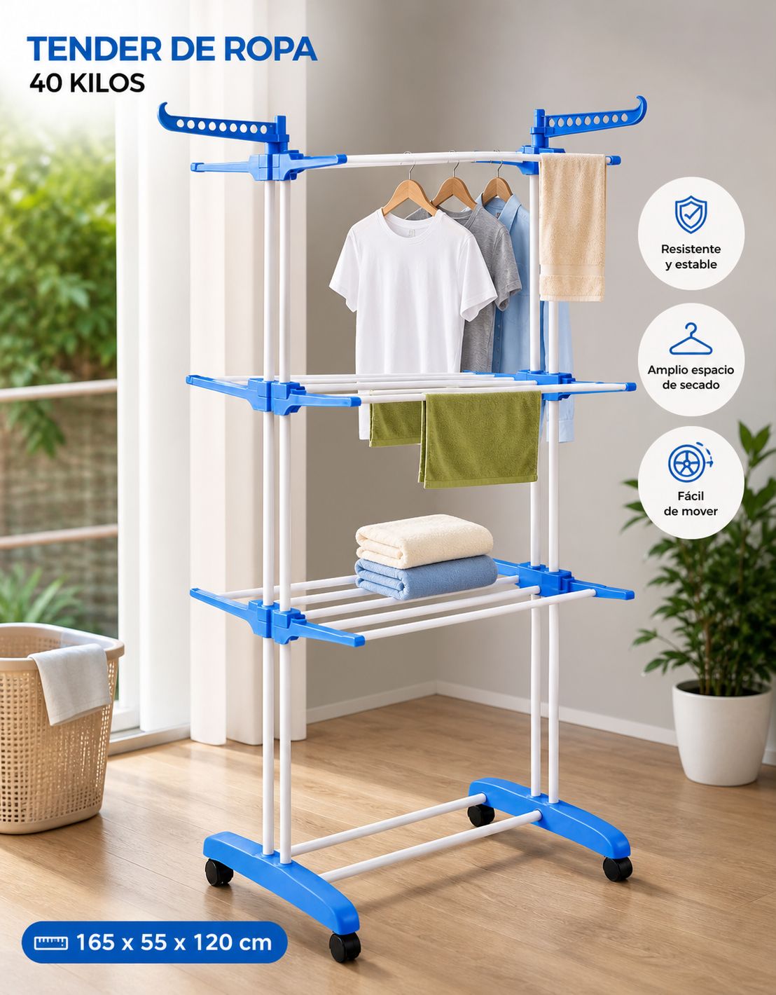 Tender de Ropa Vertical de 3 Niveles c/ Ruedas 40 kg