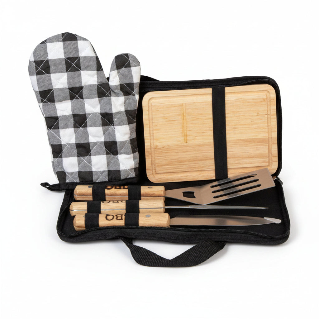 KIT P/ ASADO CON TABLA GUANTE ESTUCHE